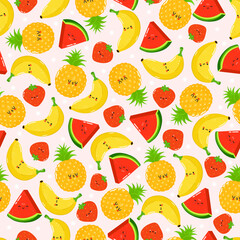 Cute fruit pattern featuring smiling pineapple, banana, watermelon, and strawberry.