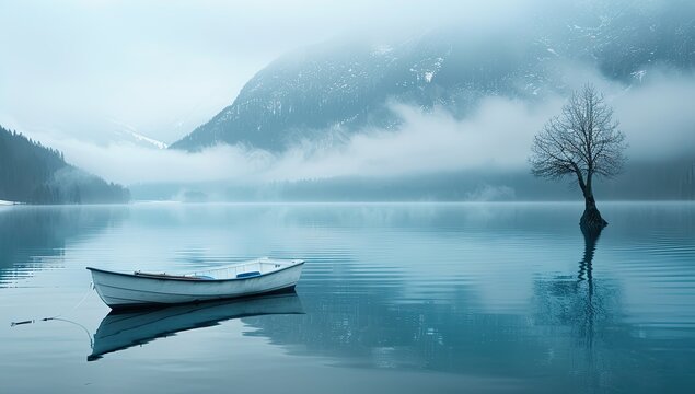 Serene, misty lake scene with a solitary rowboat and leafless tree, mountains shrouded in fog in the background, reflecting in the still water - Powered by Adobe
