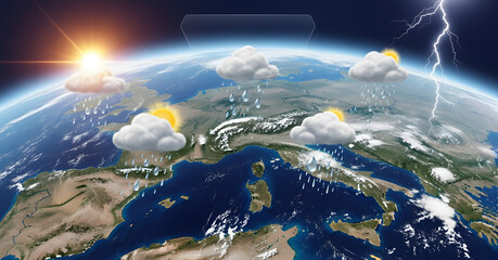 Digital illustration of Earth from space with weather forecast icons over Europe, representing concepts of meteorology and global climate