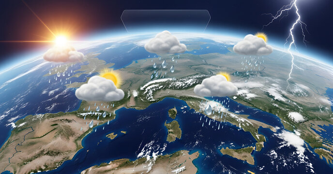 Digital illustration of Earth from space with weather forecast icons over Europe, representing concepts of meteorology and global climate - Powered by Adobe