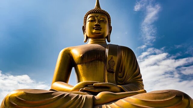 Golden Buddha statue against a bright blue sky with clouds