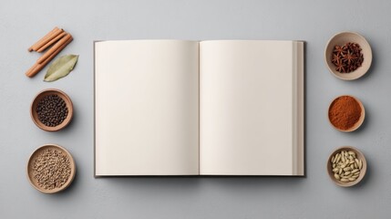 Blank recipe book surrounded by various spices in bowls, showcasing a culinary theme for cooking enthusiasts and food lovers with a minimalist aesthetic
