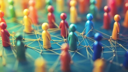 Colorful wooden figures connected by a network of golden lines symbolizing global communication and teamwork - Powered by Adobe