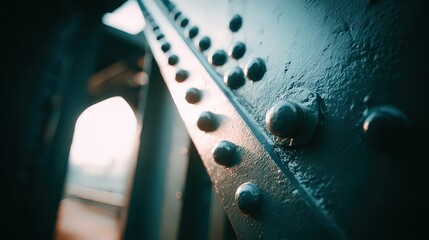A close-up of industrial bolts on a metallic structure showcasing textures and colors, Ideal for designs related to engineering, architecture, or industrial themes,