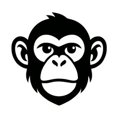 Black and white chimpanzee head vector illustration, minimalist monkey face logo icon. Ideal for branding, avatars, graphic design. Stylized primate mascot offers clean, bold, recognizable animal symb
