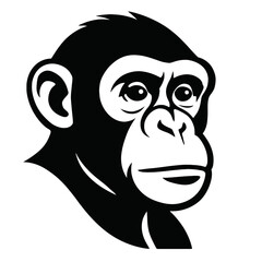 Fototapeta premium Black and white vector illustration of a chimpanzee head, intelligent expressive primate. Perfect for logos, branding, wildlife education, conservation, nature-themed design. This versatile graphic ca