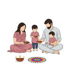 A joyous Indian family celebrates Diwali, the festival of lights, with diyas and rangoli