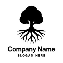 Elegant black silhouette tree logo design featuring a robust trunk and intricate, deeply grounded roots, symbolizing strength, growth, stability, nature, life, and sustainability for eco-friendly bran