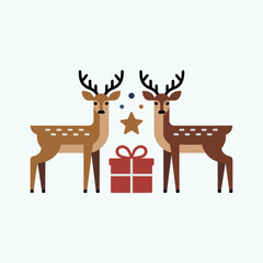 Two Geometric Deer Standing Next to a Gift Box and Star reindeer illustration.