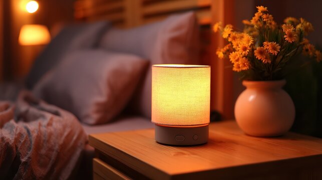 A cozy bedside table featuring a glowing lamp and fresh flowers creates a warm ambiance, perfect for lifestyle blogs, home decor articles, or relaxation-themed content,