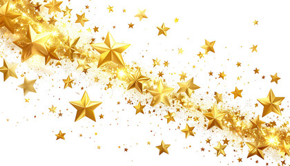 Gold stars stream across a black background, with shimmering, scattered particles