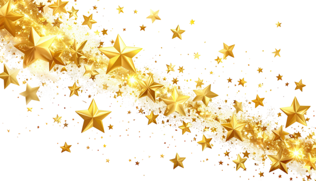 Gold stars stream across a black background, with shimmering, scattered particles