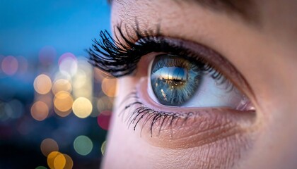 Close-up of eye gazing at city lights