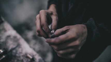 Hands of an Artisan Carefully Examine a Metal Piece in Dimly Lit Workshop in the Evening
