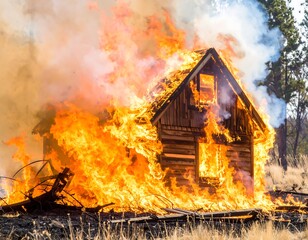 Burning wooden cabin in a wildfire