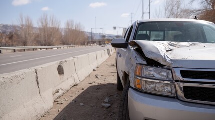 Front-End Damage of Truck After Collision Alongside a Highway with Debris in the Background