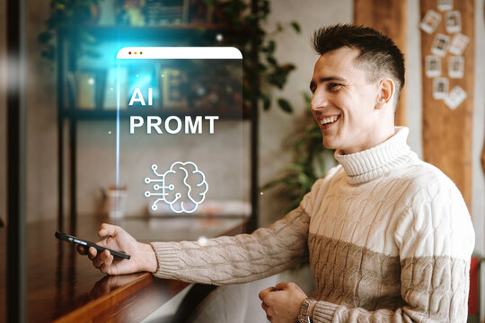 Young man engaged in conversation with mobile device about AI prompts in a cozy cafe setting