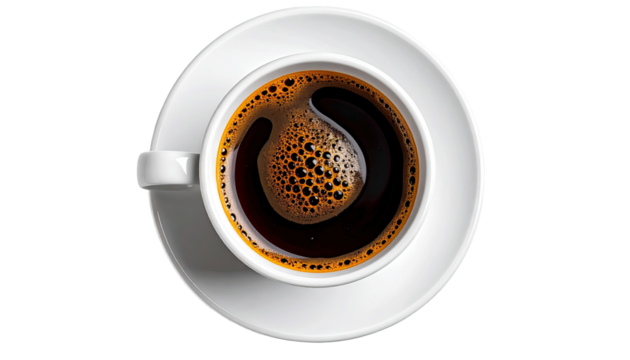 Overhead view of a cup of black coffee.  Rich, dark brew in white cup and saucer.  Creamy, frothy top.  Simple, elegant presentation