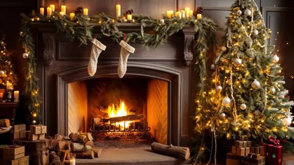 Warm fireplace burning with christmas tree and stockings hung on the mantelpiece - Powered by Adobe