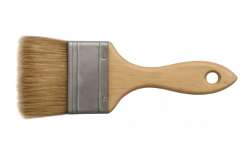 Wooden paintbrush with metal ferrule resting horizontally, highlighting professional painting tools against clear backdrop