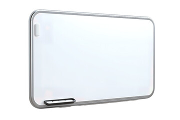 Modern dry-erase whiteboard framed in slim aluminum with rounded corners, subtle erase marks and an empty marker tray, isolated on transparent background.

