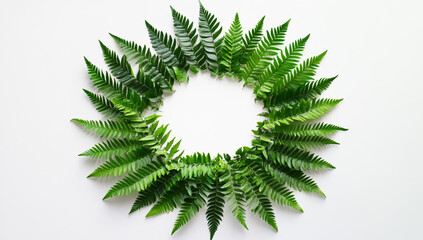 Green fern leaves arranged in a circle isolated on white background