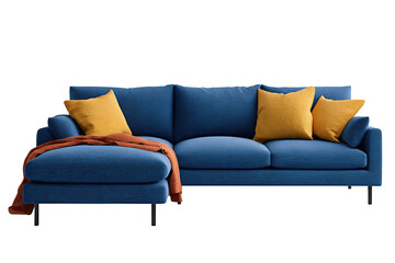 Cozy modular sofa in sapphire blue with left-side chaise, paired with two mustard pillows and a rust throw, textured upholstery weave, isolated on transparent background.

