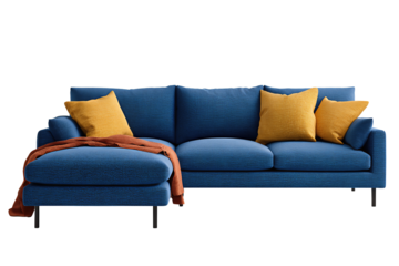 Cozy modular sofa in sapphire blue with left-side chaise, paired with two mustard pillows and a rust throw, textured upholstery weave, isolated on transparent background.
