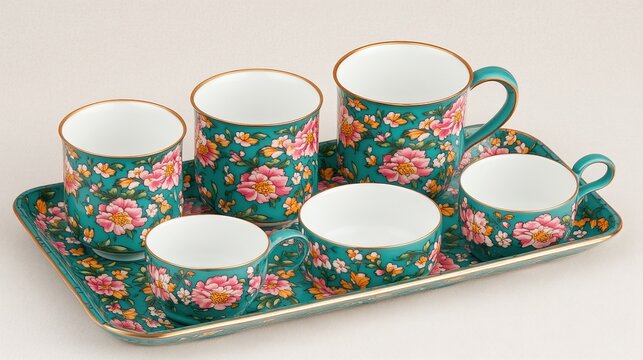 An elegant tea set featuring colorful floral patterns on a teal background, perfect for enhancing a stylish dining experience, themed events, or as a decorative centerpiece,