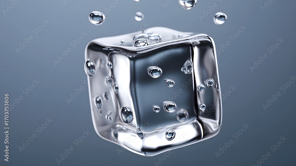 Poster a close-up view of a clear, frozen ice cube with water droplets and reflections, creating a minimali