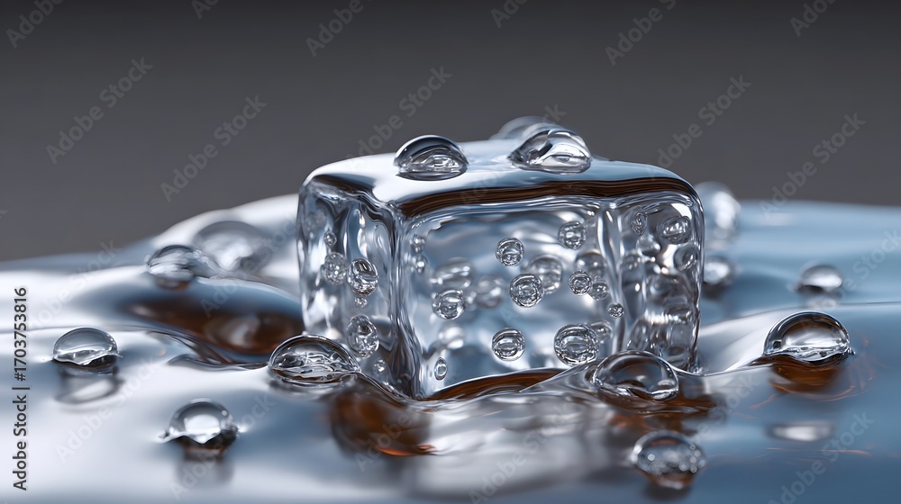 Poster close-up view of a single, clear ice cube with glistening water droplets on its surface, creating a 