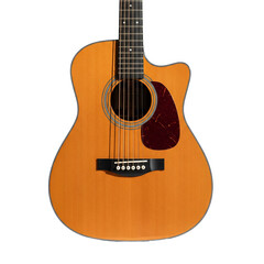 Fototapeta premium PNG einer braunen Akustikgitarre mit schwarzen Saiten, freigestellt.