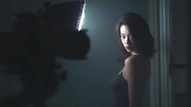 A moody studio portrait of a woman leaning against a wall, backlit, with a camera and light rig visible in the foreground.