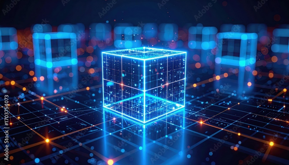 Poster a glowing blue cube surrounded by a digital grid, with bright dots and lines creating a futuristic, 