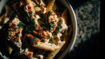 A close-up of creamy pasta garnished with herbs, showcasing a delicious meal perfect for food blogs, recipe websites, and menu designs, Ideal for enhancing culinary content visually,