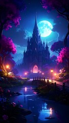 A mystical castle at night, bathed in vibrant colors