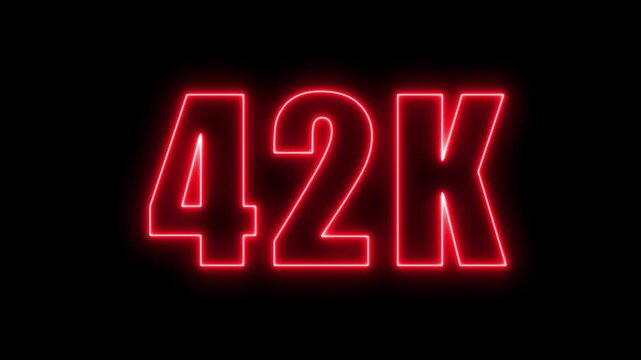 Red neon 42k number animation on black background for social media