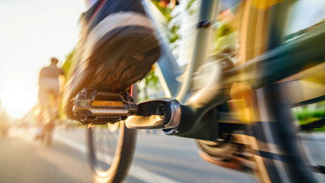 Close-up of a cyclist’s foot pushing a moving pedal with dramatic motion blur and warm evening light, capturing speed, energy, and adrenaline of fast urban cycling in vibrant city streets