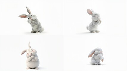 A group of four white rabbits sitting in different positions background depth emotion elements colorful illustration backgrounds style expression scene frame composition design figure