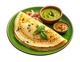 A golden-brown crepe, served with green chutney and sambar