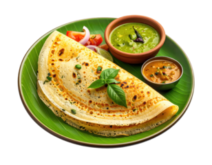 A golden-brown crepe, served with green chutney and sambar