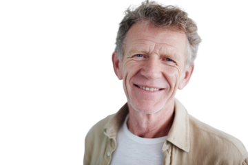 Smiling senior man with gray hair and warm expression, wearing a casual shirt, isolated against a white background for lifestyle and family themes