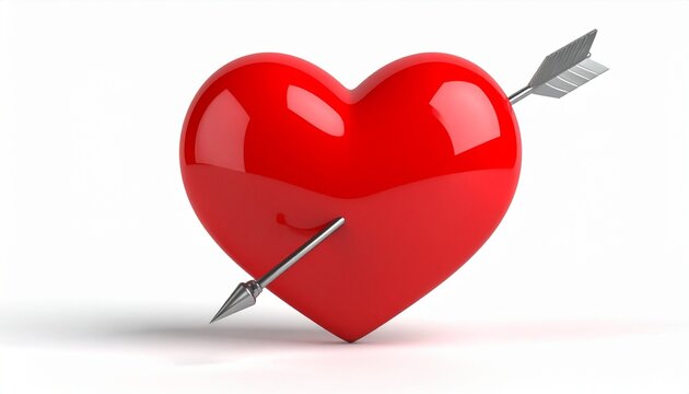 Glossy red 3D heart pierced by silver arrow on white background