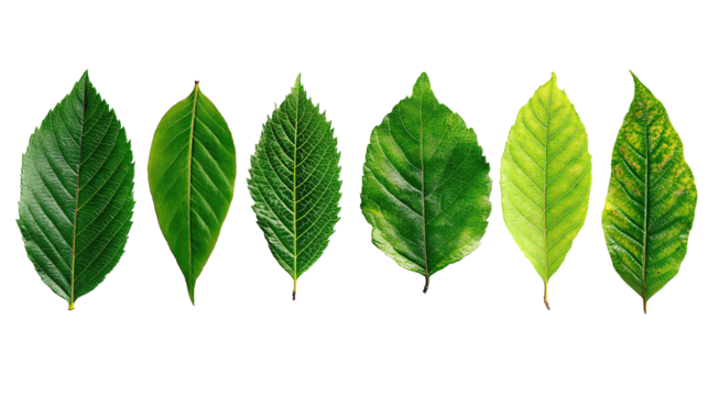 Botanical study set of varied leaf forms from cordate to palmate, illustrated in spring greens with realistic textures, aligned in neat row, isolated on transparent background.
 - Powered by Adobe