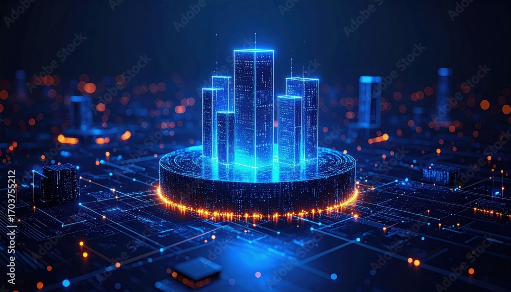 Poster a futuristic cityscape illuminated with blue lights, surrounded by a digital grid, showcasing advanc