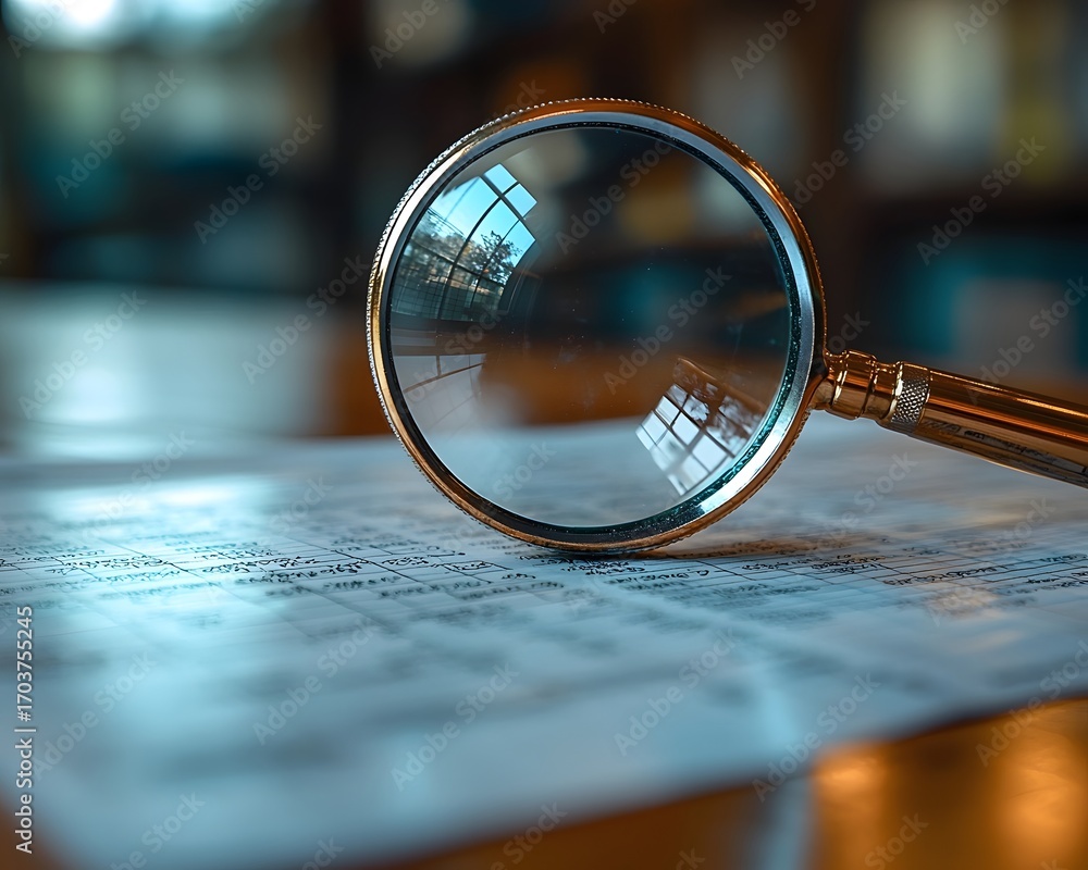 Poster a magnifying glass closely examines a financial document or report symbolizing detailed analysis and