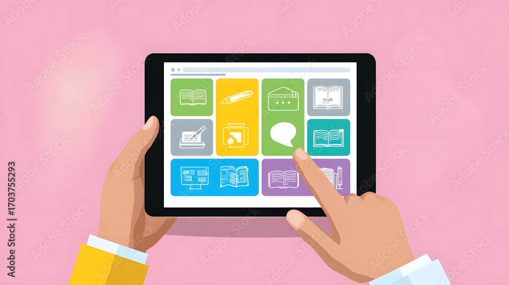 Poster close-up view of a person's hands holding and interacting with a tablet device that displays a varie