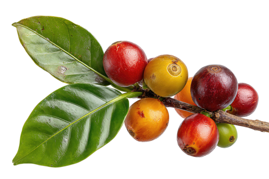 Short coffee twig bearing cherries of multiple hues from unripe green to deep burgundy, with vein-detailed leaves and dimpled fruit skins, isolated on transparent background.
