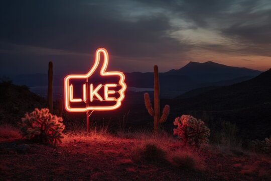 Neon thumbs up sign in desert landscape at sunset