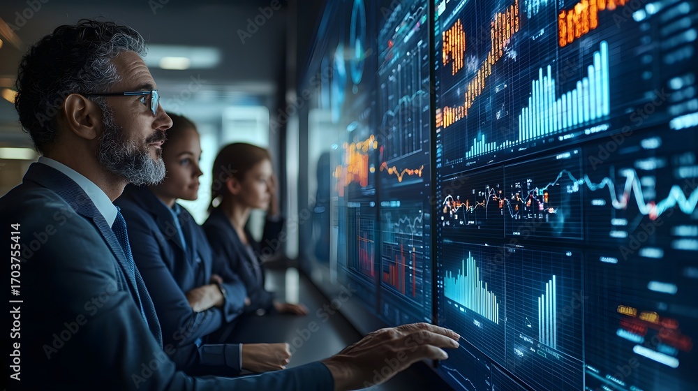 Aufkleber business professionals analyze complex financial data on a large interactive digital screen in a mod